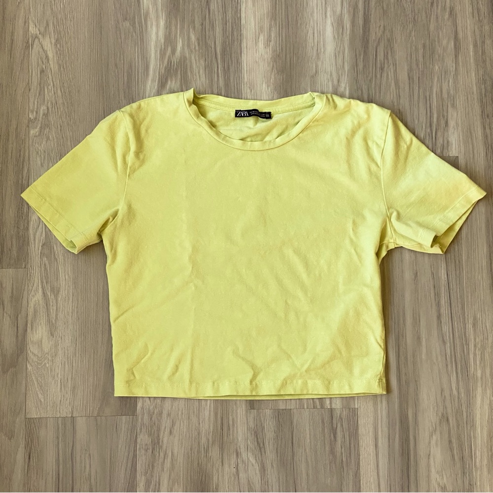 Zara/cropped short sleeve stretchy cotton shirt/ lime green/Womens/Med